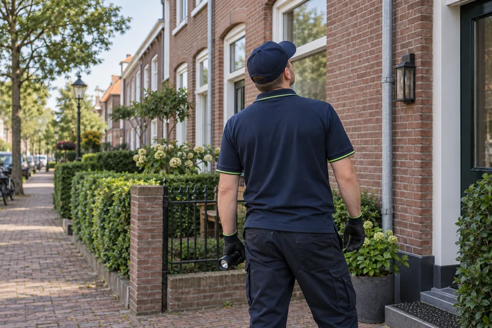 Illustratieve ongediertebestrijding specialist in een Nederlandse woonwijk