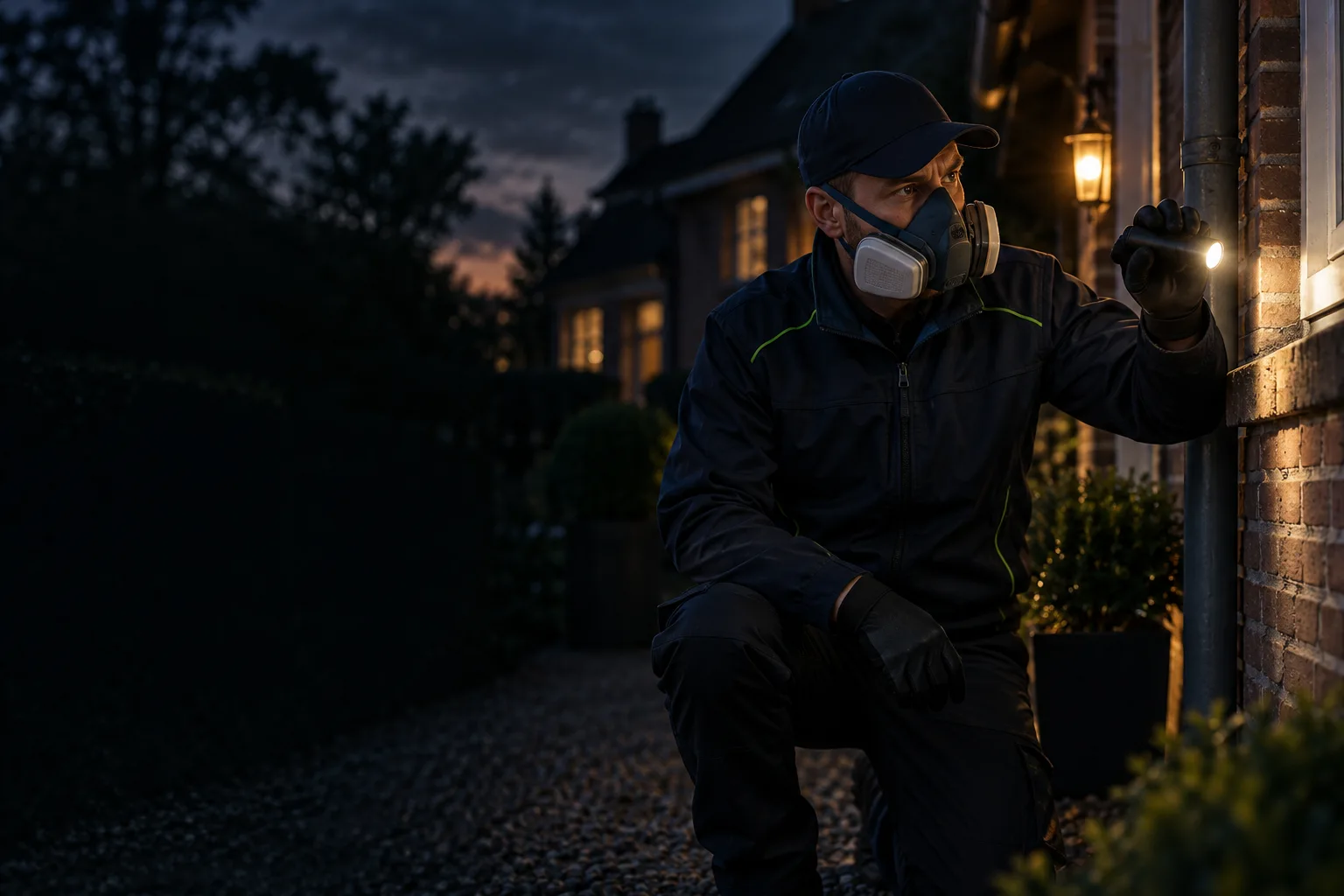 Illustratieve ongediertebestrijding specialist inspecteert een woning